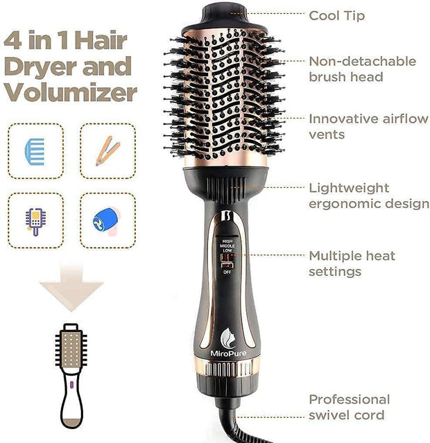 Hair Dryer Brush, MiroPure Hot Air Brush One Step Hair Dryer & Volumizer Brush Blow Dryer Styler for Straightening, Curling, Salon Negative Ion Blow Dryer Brush Rose Gold - Brialari