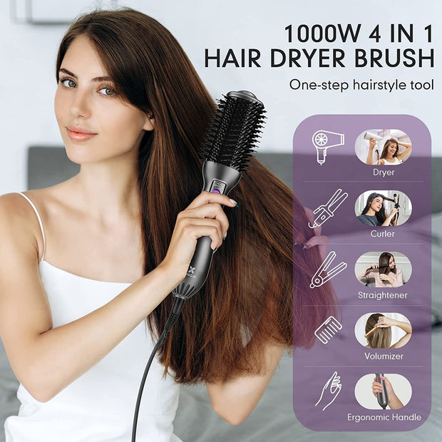 4 in 1 Hair Dryer Brush One-Step Blow Dryer Brush Oval Shape Professional Hot Air Brush;  Ceramic Coating Women Hair Dryer Volumizer Styler for Drying Curling Straightening;  Purple - Brialari